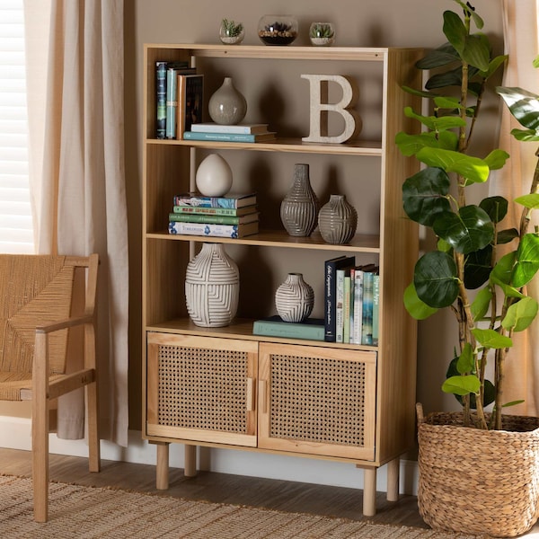 Baxton Studio Faulkner Mid-Century Natural Brown Finished Wood and Rattan 2-Door Bookcase 199-12318-ZORO - main